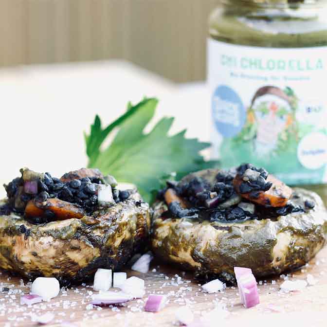 Grillrezept lecker vegetarisch, Portobello Pilz,  Algen Topping, Chi Chlorella Grillsauce, SpiceNerds